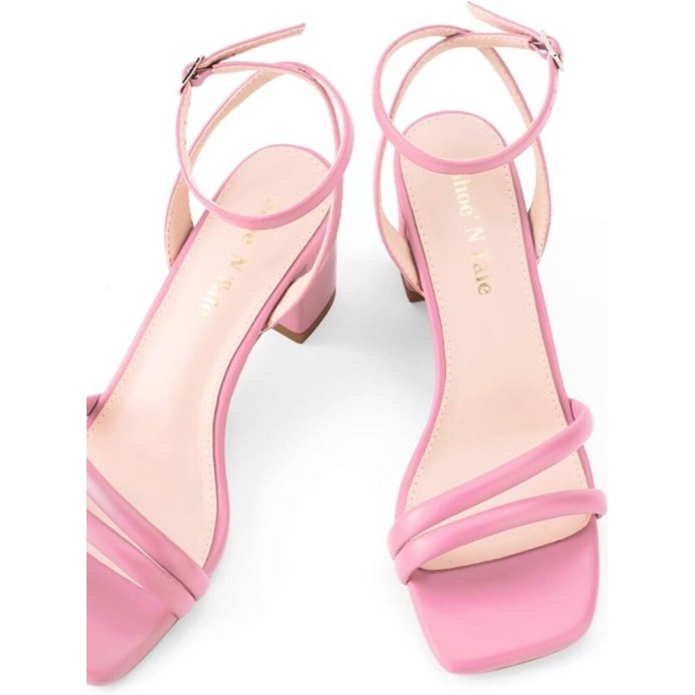 Pink Patent Square Toe Block Heel Sandals | Strappy Ankle Strap Party Dress Shoe